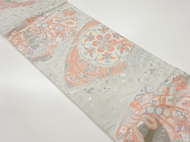 九百錦プラチナ箔ふくれ織扇に鏡裏・束ね熨斗・花々模様織出し袋帯